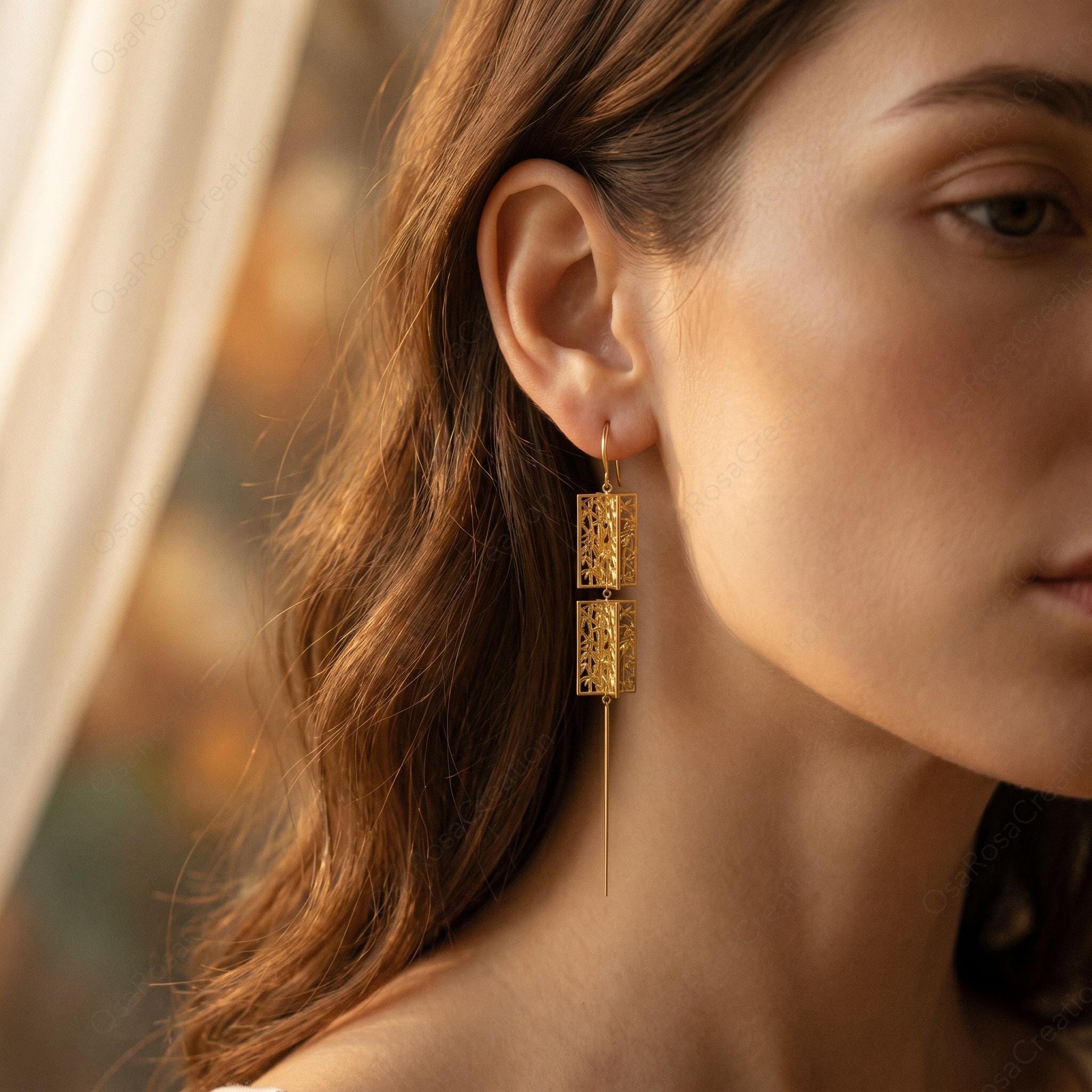 Gold Bamboo Lantern Drop Earrings, Architectural Oriental Botanical Statement Jewelry