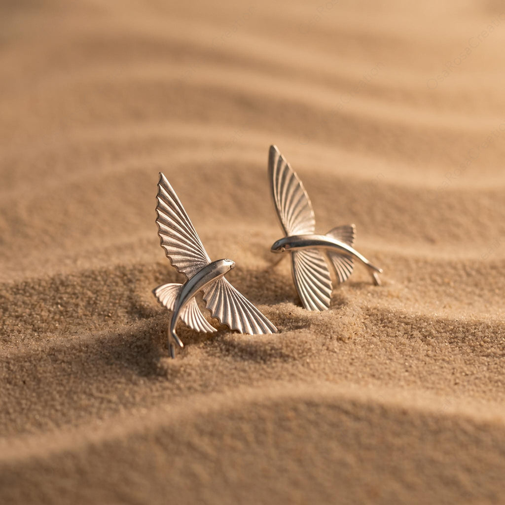 Sculptural Flying Fish Earrings, Silver Ocean Inspired Studs, Artistic Marine Life Jewelry, Nature Inspired Coastal Accessories
