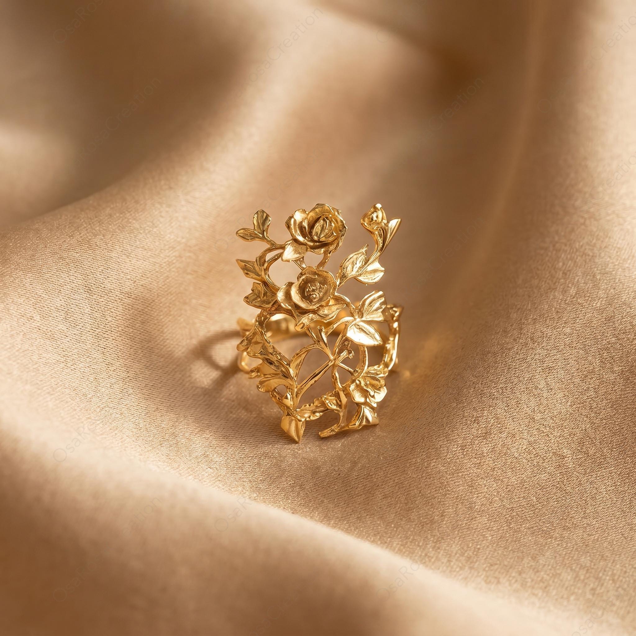 Rose Adjustable Ring Gold Floral Design | Open Botanical Ring Baroque Style | Elegant Flower Ring for Women