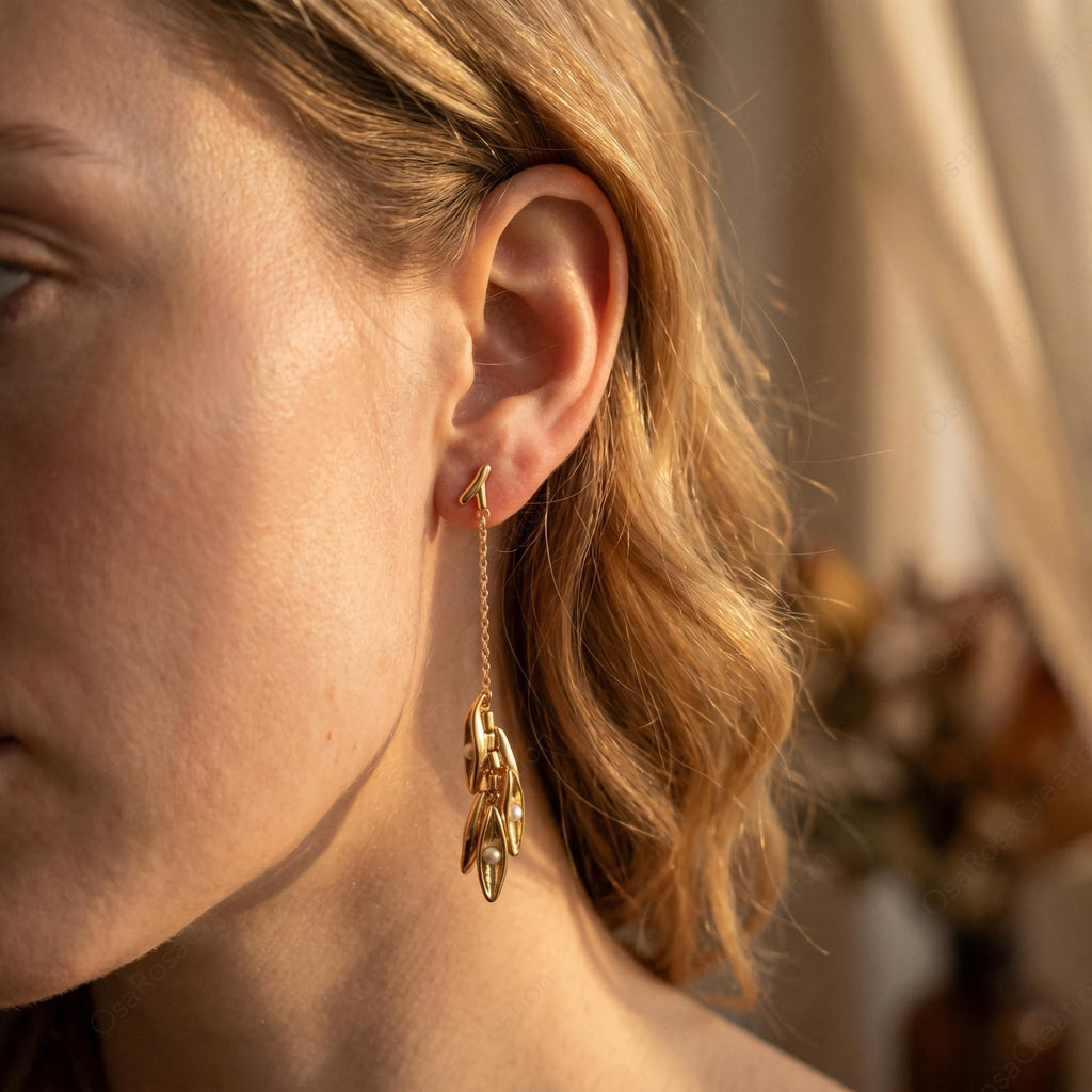 Sculptural Gold Pearl Drop Earrings, Nature Inspired Botanical Jewelry