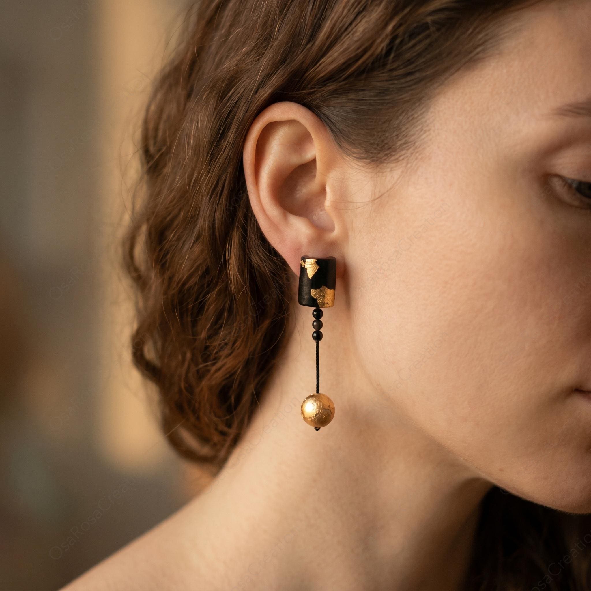 Black Gold Drop Earrings, Wabi Sabi Geometric Jewelry, Desert Inspired Statement Piece