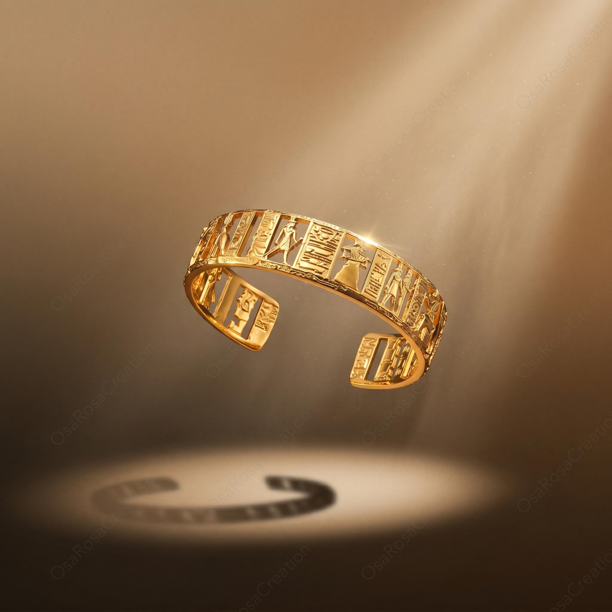 Ancient Egyptian Openwork Cuff Bracelet, Gold Sculptural Bangle, Hieroglyph Art Jewelry