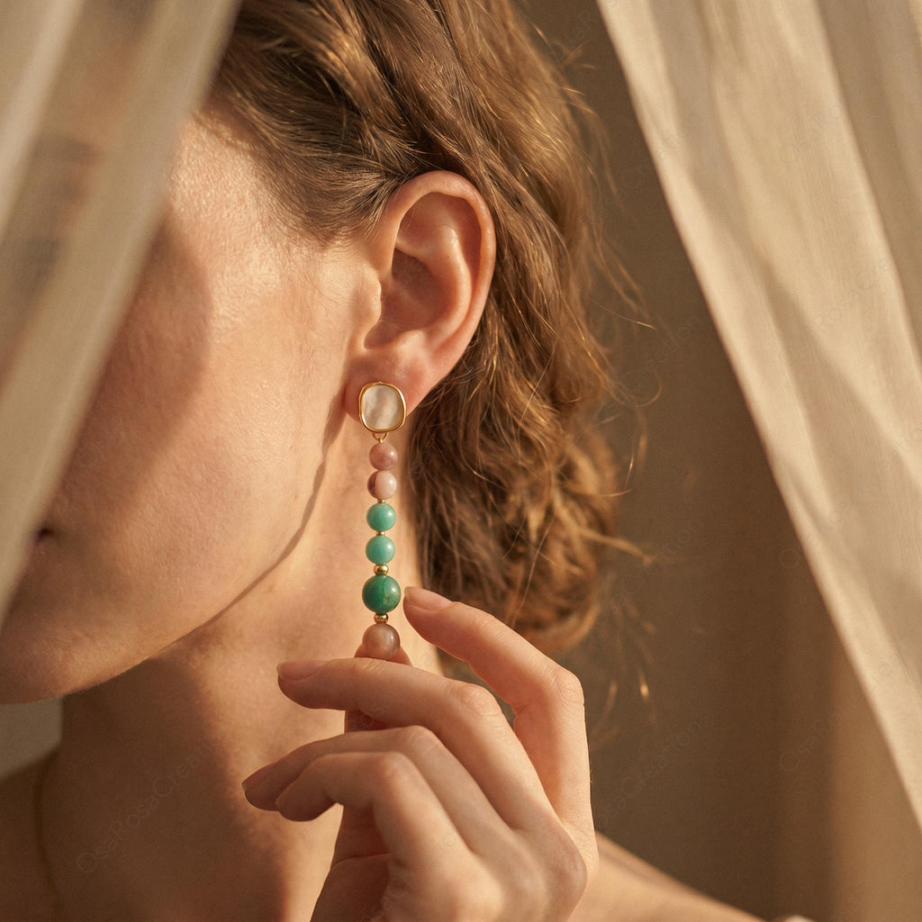 Long Turquoise Pink Stone Drop Earrings, Mediterranean Style Gold Plated Jewelry