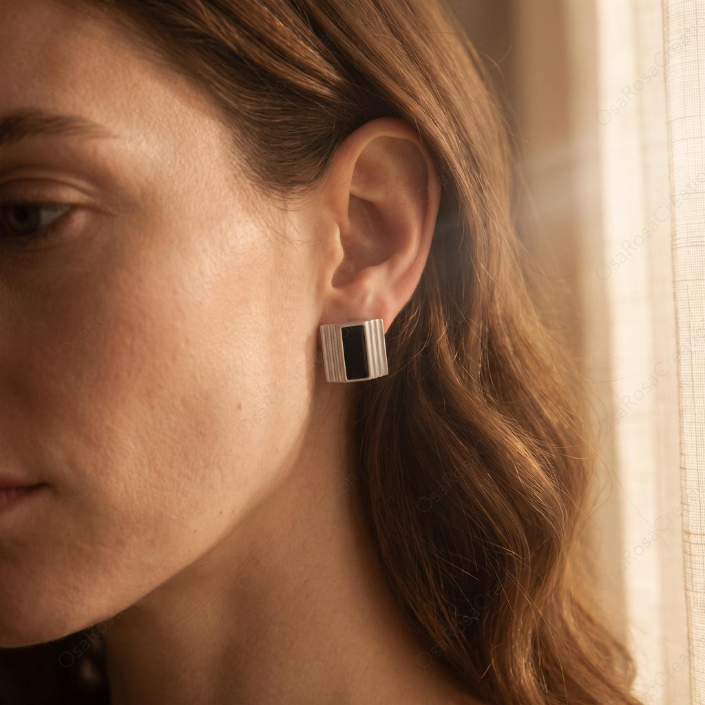 Art Deco Silver Rectangular Stud Earrings, Geometric Black White Architecture Jewelry