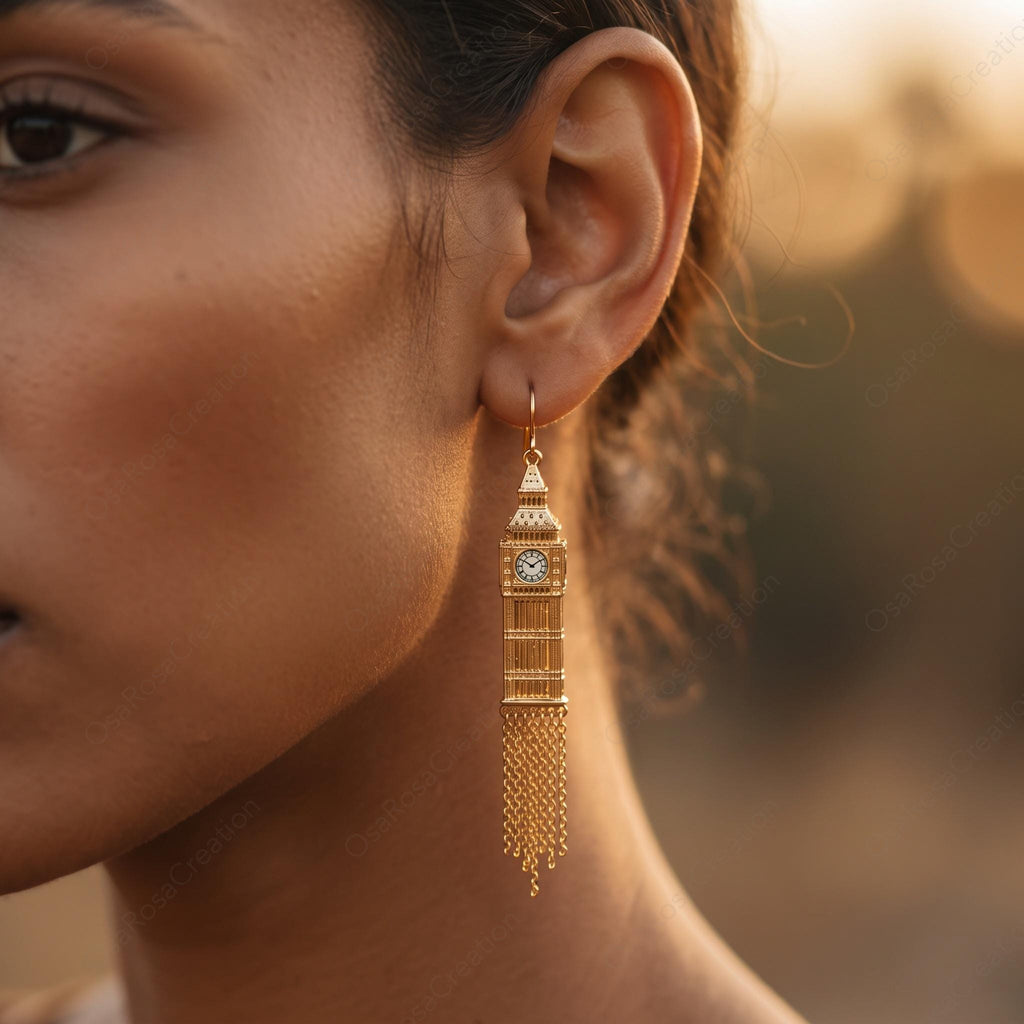 Big Ben Dangle Earrings, Architectural Tassel Drop Earrings