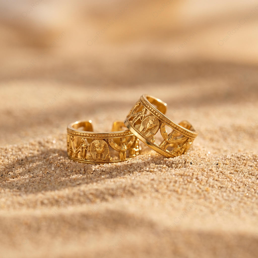 Egyptian Revival Gold Open Band Earring | Sculptural Ancient Motif Statement Jewelry
