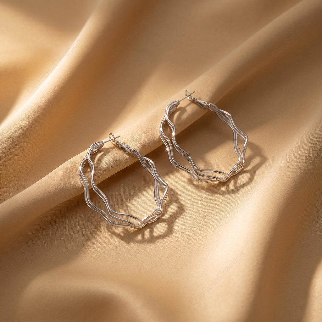 Silver Wavy Hoop Earrings, Sculptural Liquid Metal Statement Jewelry