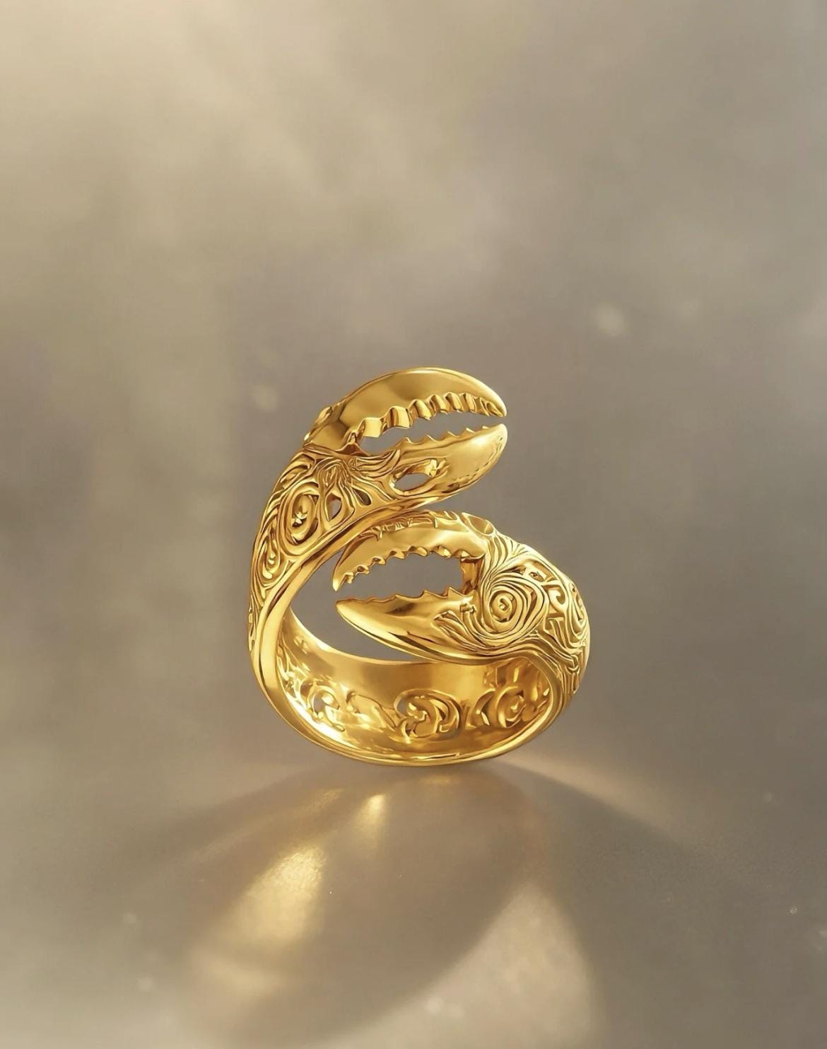 Gold Crab Claw Ring • Cancer Zodiac Jewelry, Adjustable Statement Ring