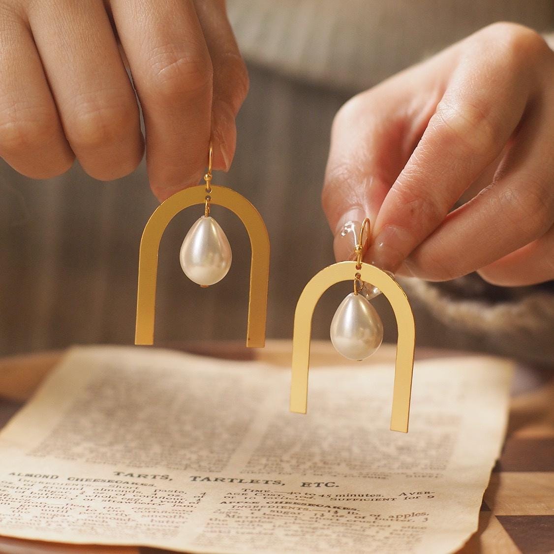 Gold Arch Pearl Earrings | Minimalist Dangle, 925 Silver Posts