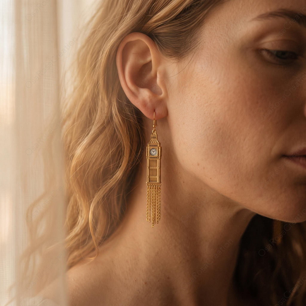 Big Ben Dangle Earrings, Architectural Tassel Drop Earrings
