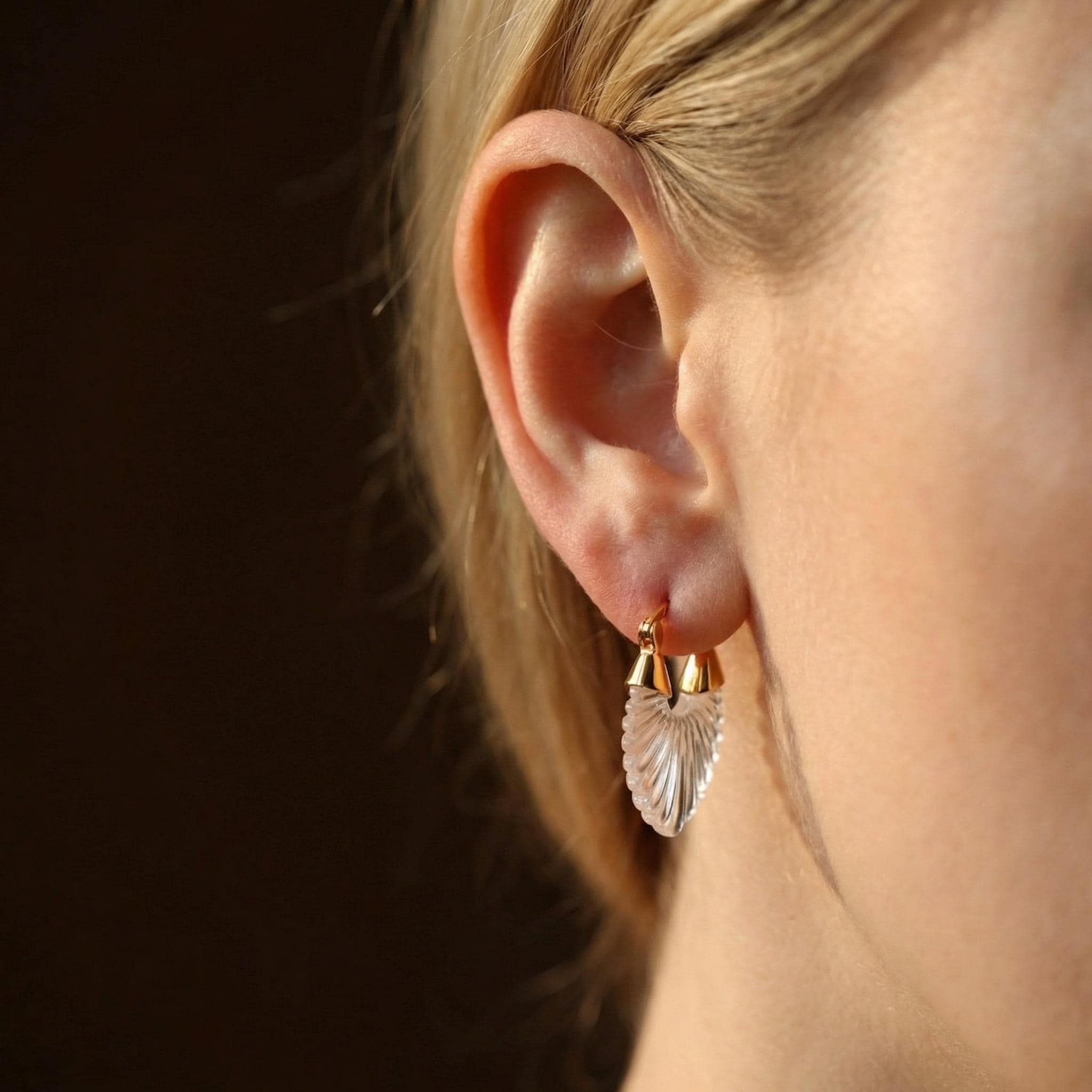 Carved Shell Hoop Earrings – Frosted Scalloped Drops, 18K Gold Plated Huggies