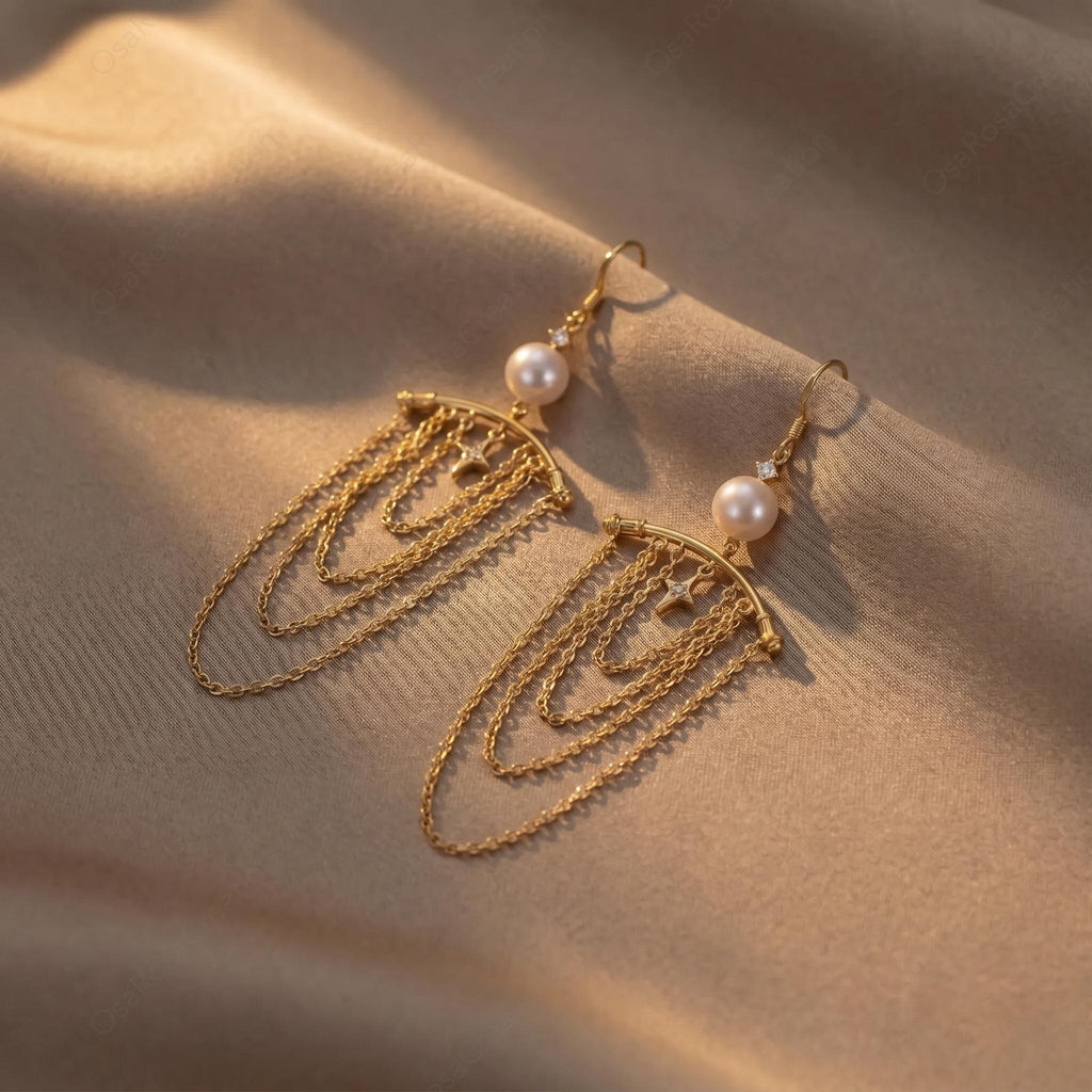 Pearl Star Dangle Earrings • 18k Gold Celestial Chain Fringe