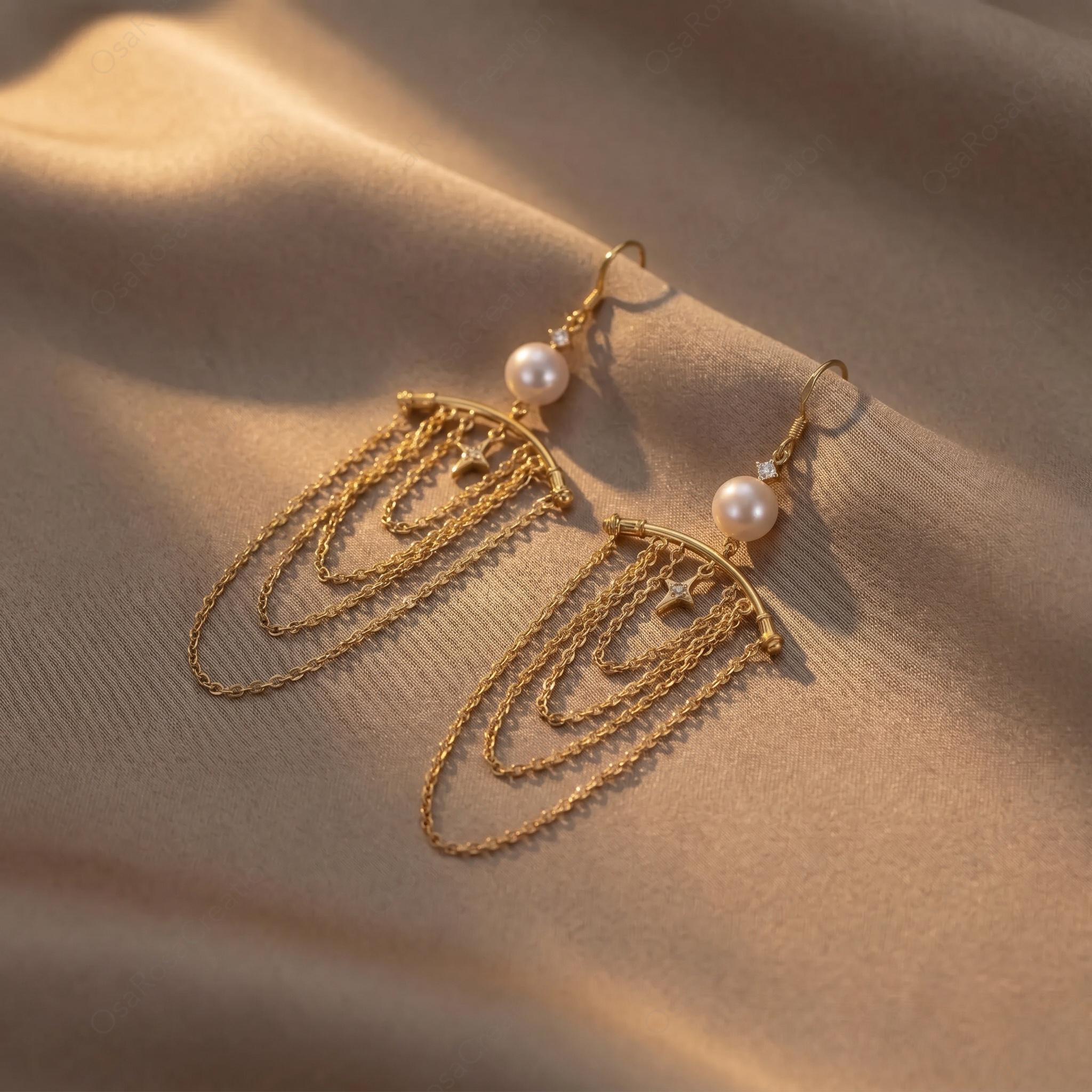 Pearl Star Dangle Earrings • 18k Gold Celestial Chain Fringe