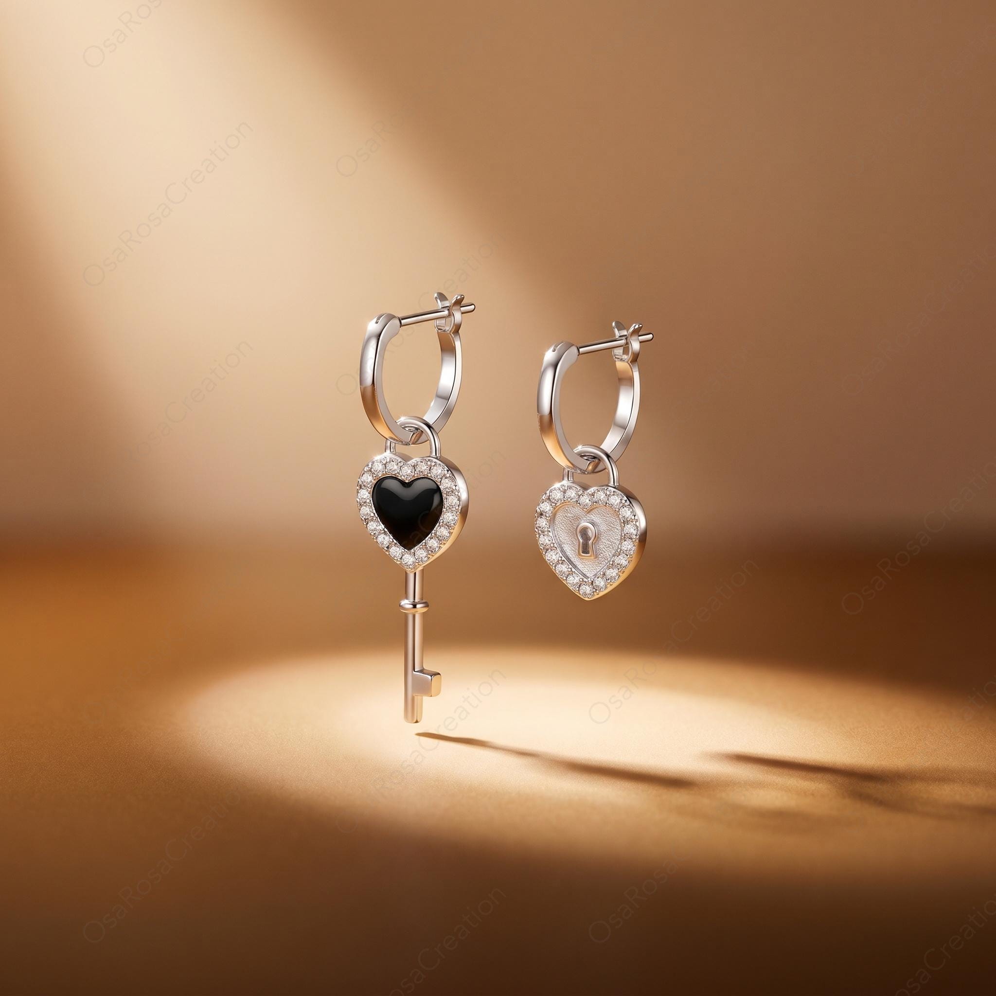 Asymmetrical Lock and Key Heart Earrings, Sterling Silver Mismatched Hoop Jewelry