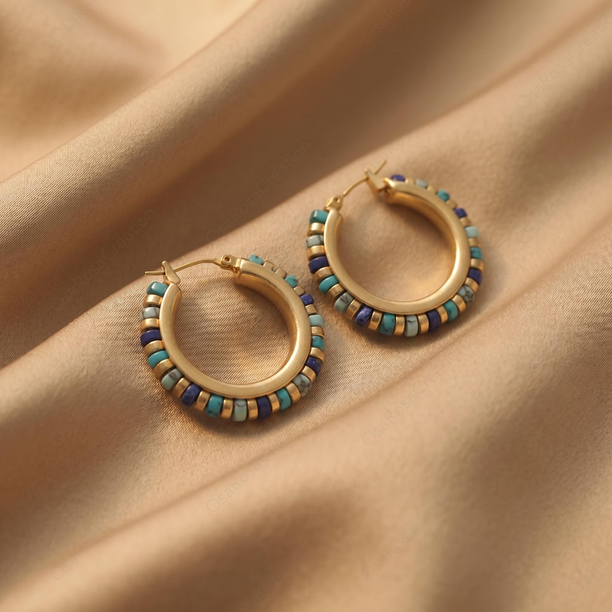 Turquoise Beaded Gold Hoop Earrings, Mediterranean Style Chunky Hoops, Lapis Lazuli Tone Vintage Earrings