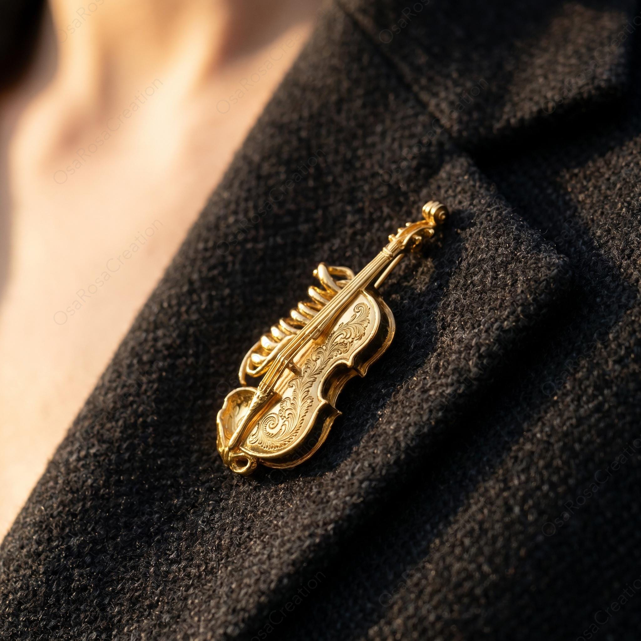 Baroque Violin Rib Cage Brooch | Gold-Tone Artistic Music Jewelry Pin