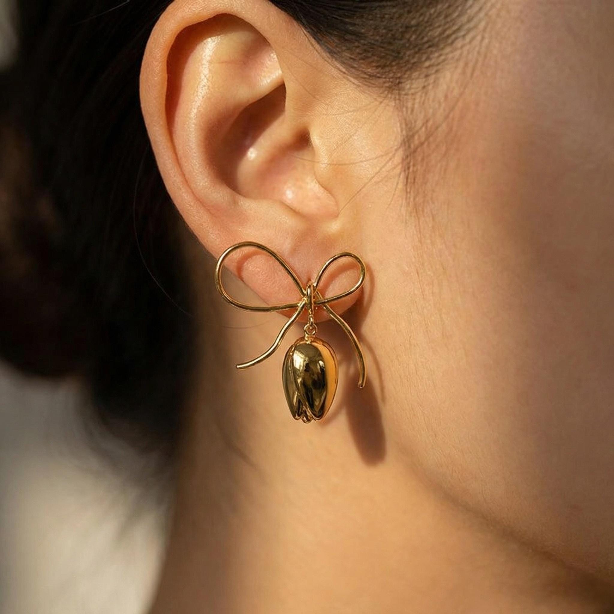 Gold Tulip Ribbon Bow Earrings • Balletcore Dangle Jewelry