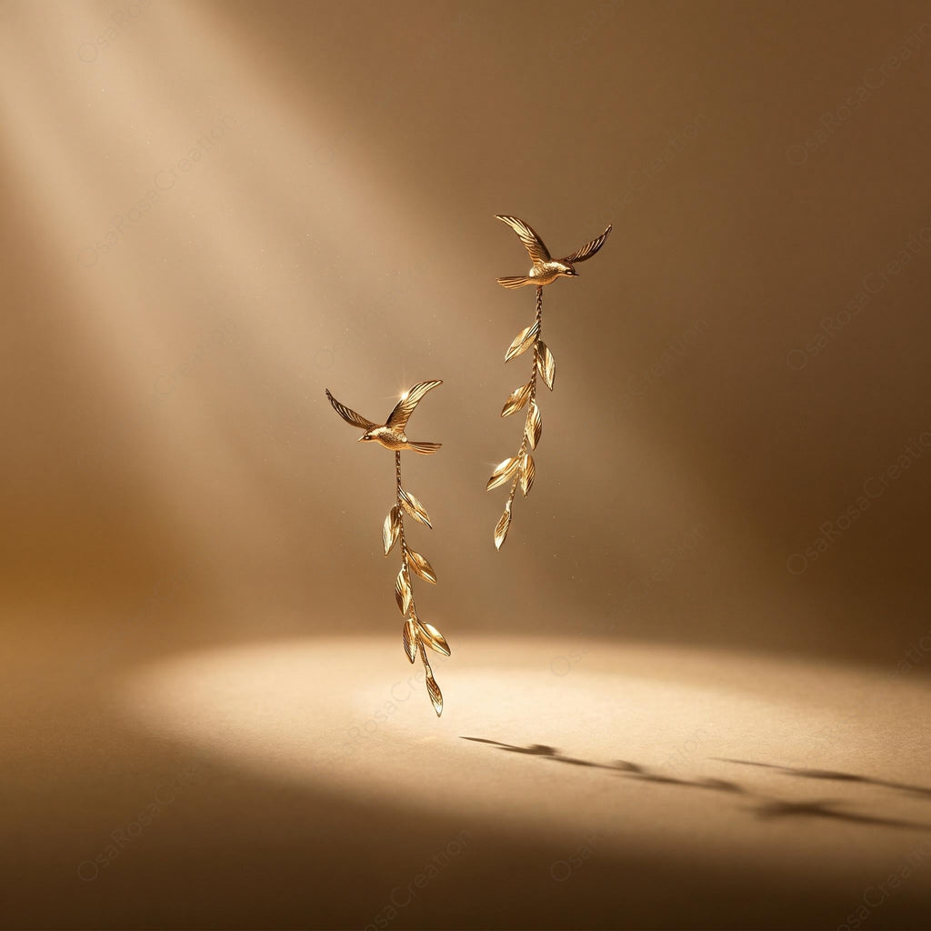 Gold Swallow Earrings • Olive Branch Dangle, Boho Bridal • 18K gold plated