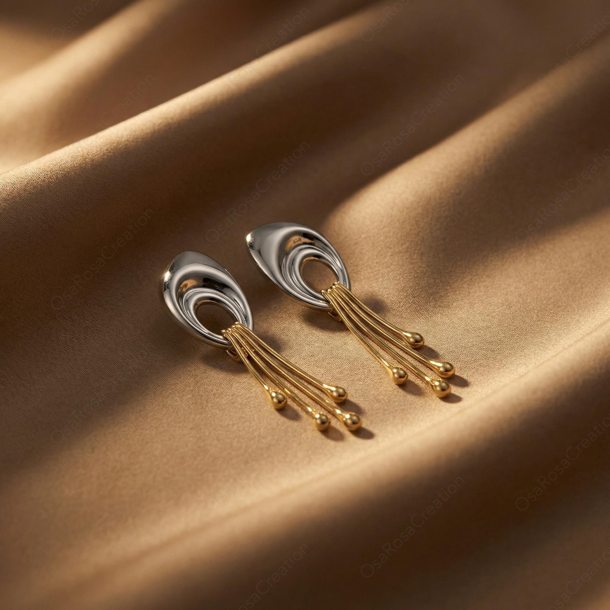 Sculptural Two-Tone Dangle Earrings, Liquid Metal Statement Drops, Sterling Silver Gold