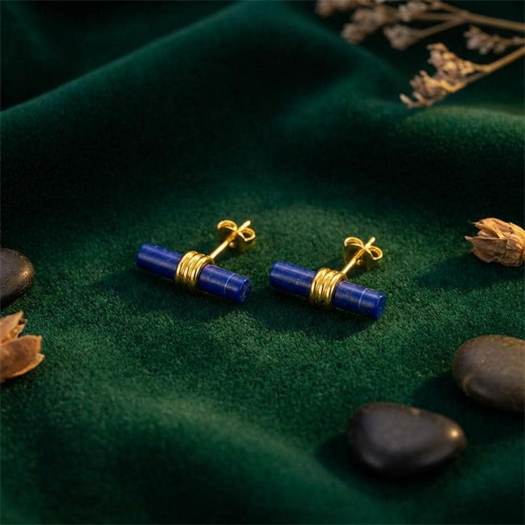 Lapis Lazuli Bar Studs • Gold Wire Wrapped Sterling Silver Posts