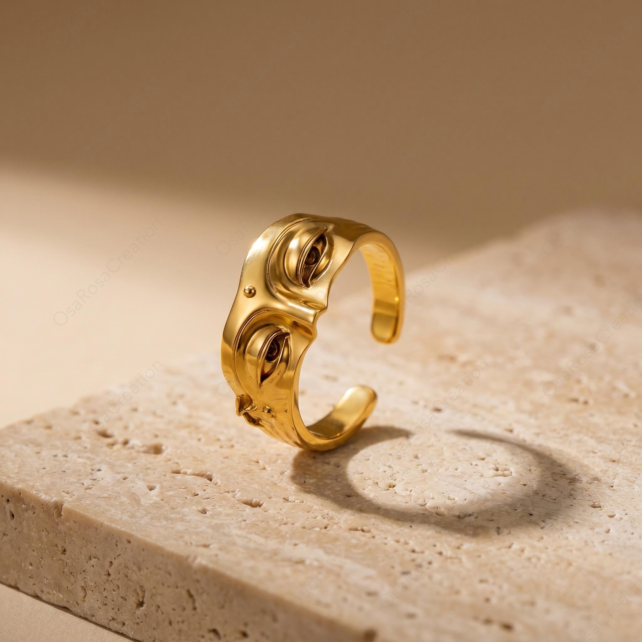 Sculptural Face Ring, Gold Plated Brass Abstract Portrait Jewelry