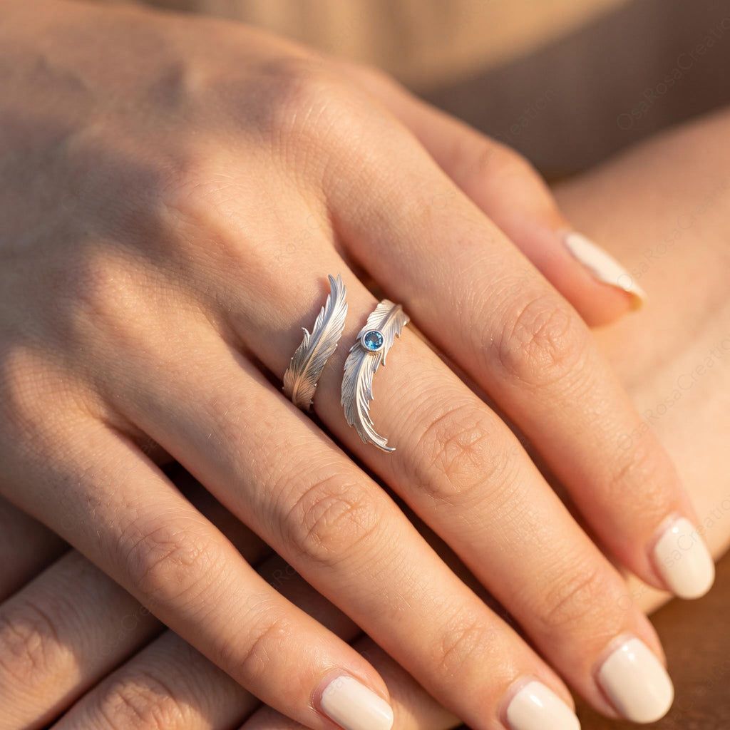 Silver Feather Wrap Ring, Blue Stone Adjustable Ring, Nature Inspired Jewelry, Quiet Luxury Silver Ring, Artistic Bohemian Ring