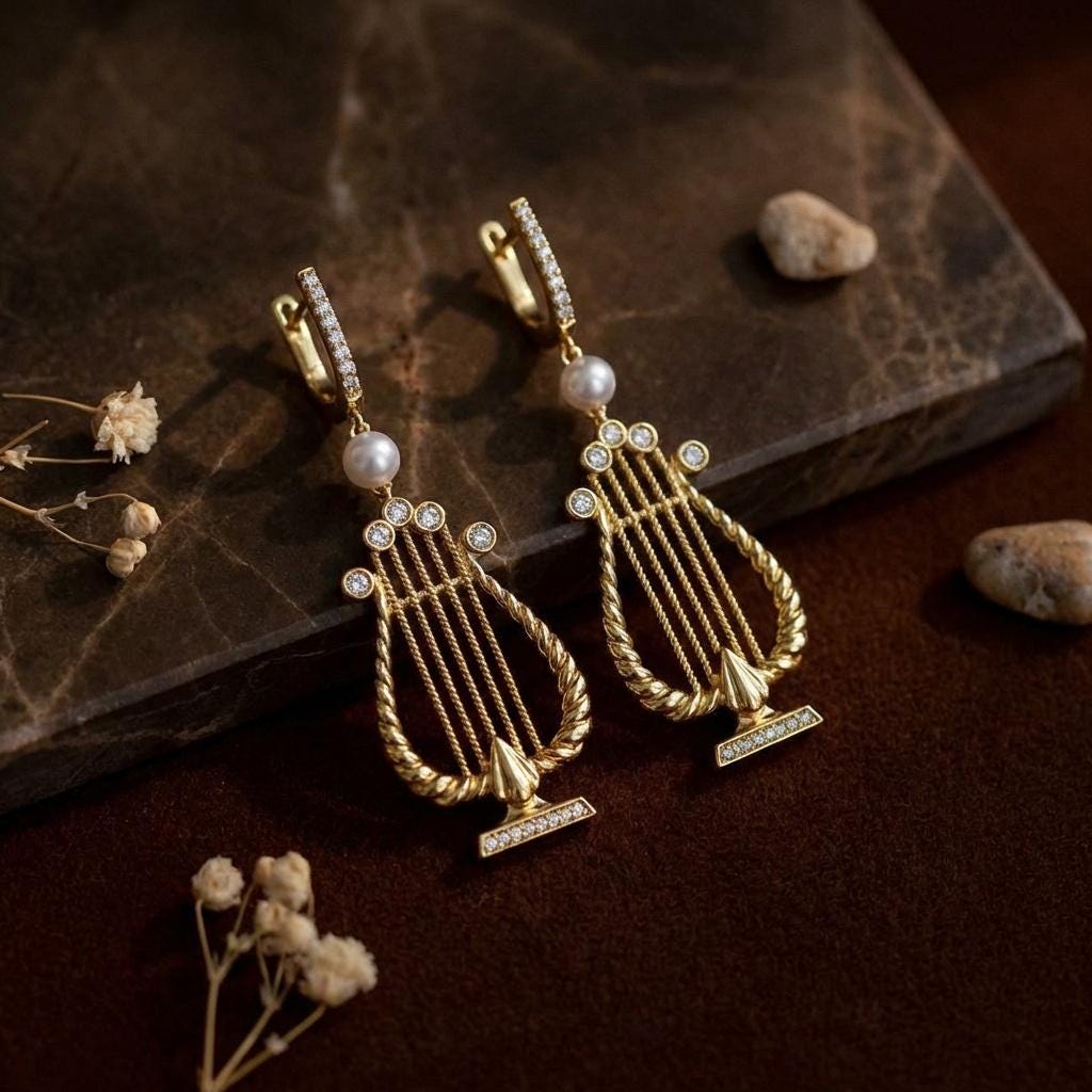 Pearl Lyre Harp Earrings • Gold Music Jewelry, Musician Gift
