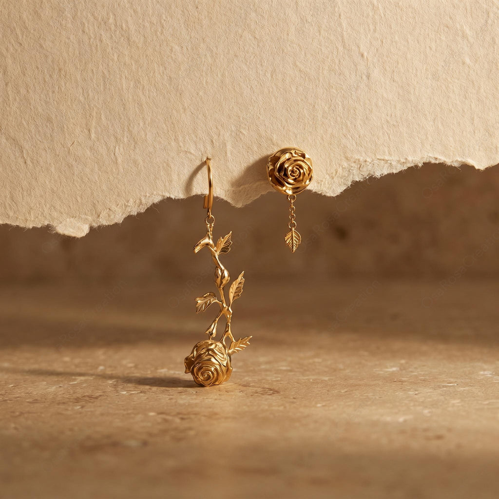 Asymmetrical Rose Earrings • 18k Gold Plated, Sterling Silver Posts