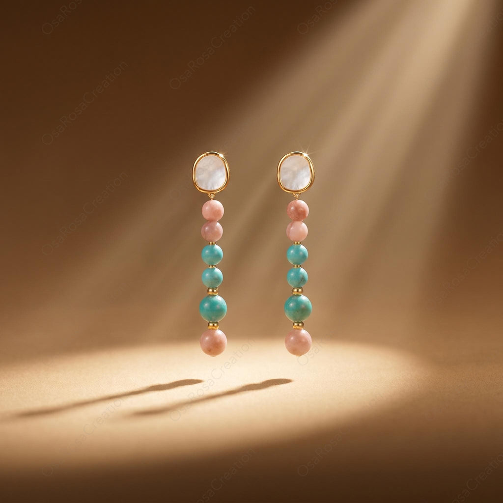Long Turquoise Pink Stone Drop Earrings, Mediterranean Style Gold Plated Jewelry