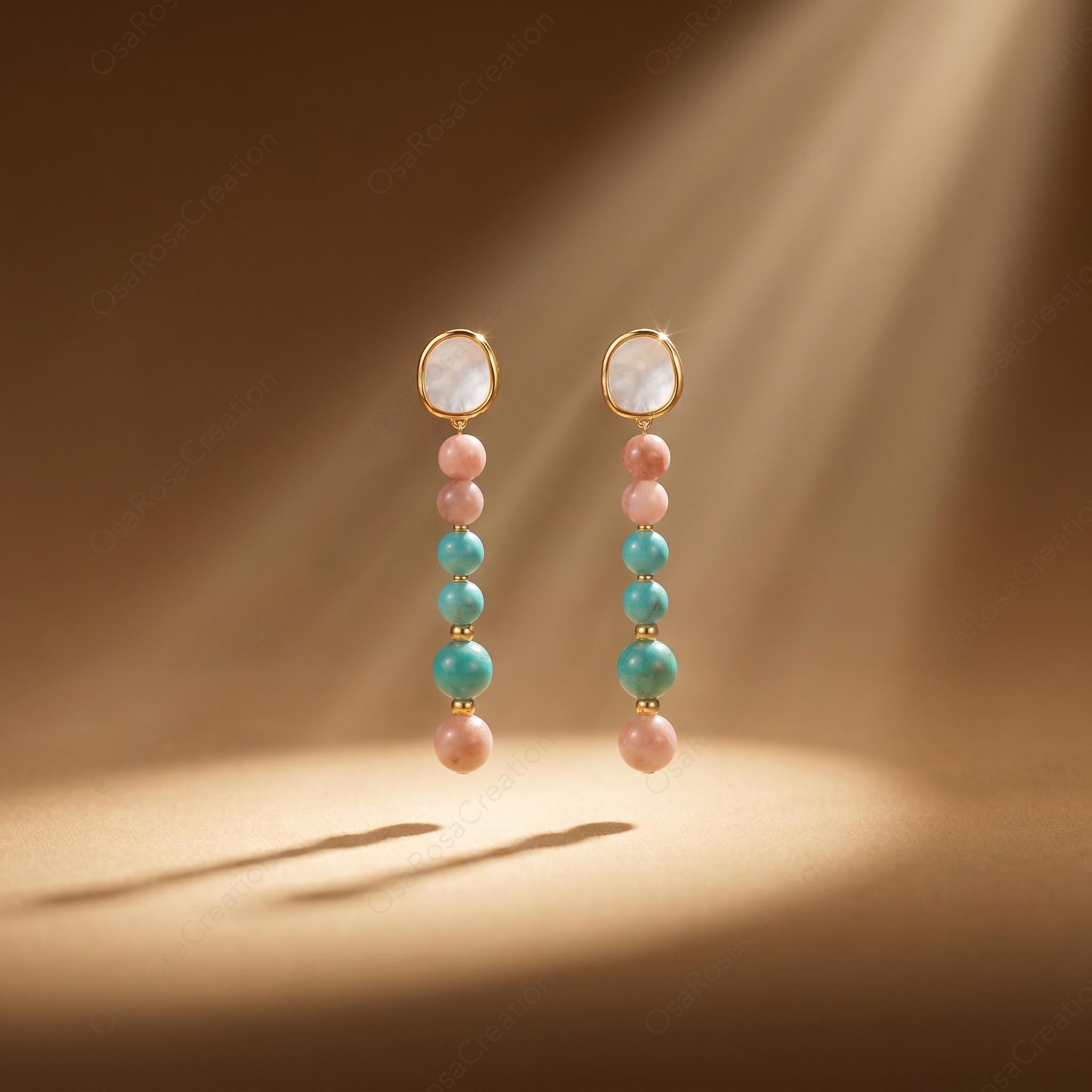 Long Turquoise Pink Stone Drop Earrings, Mediterranean Style Gold Plated Jewelry