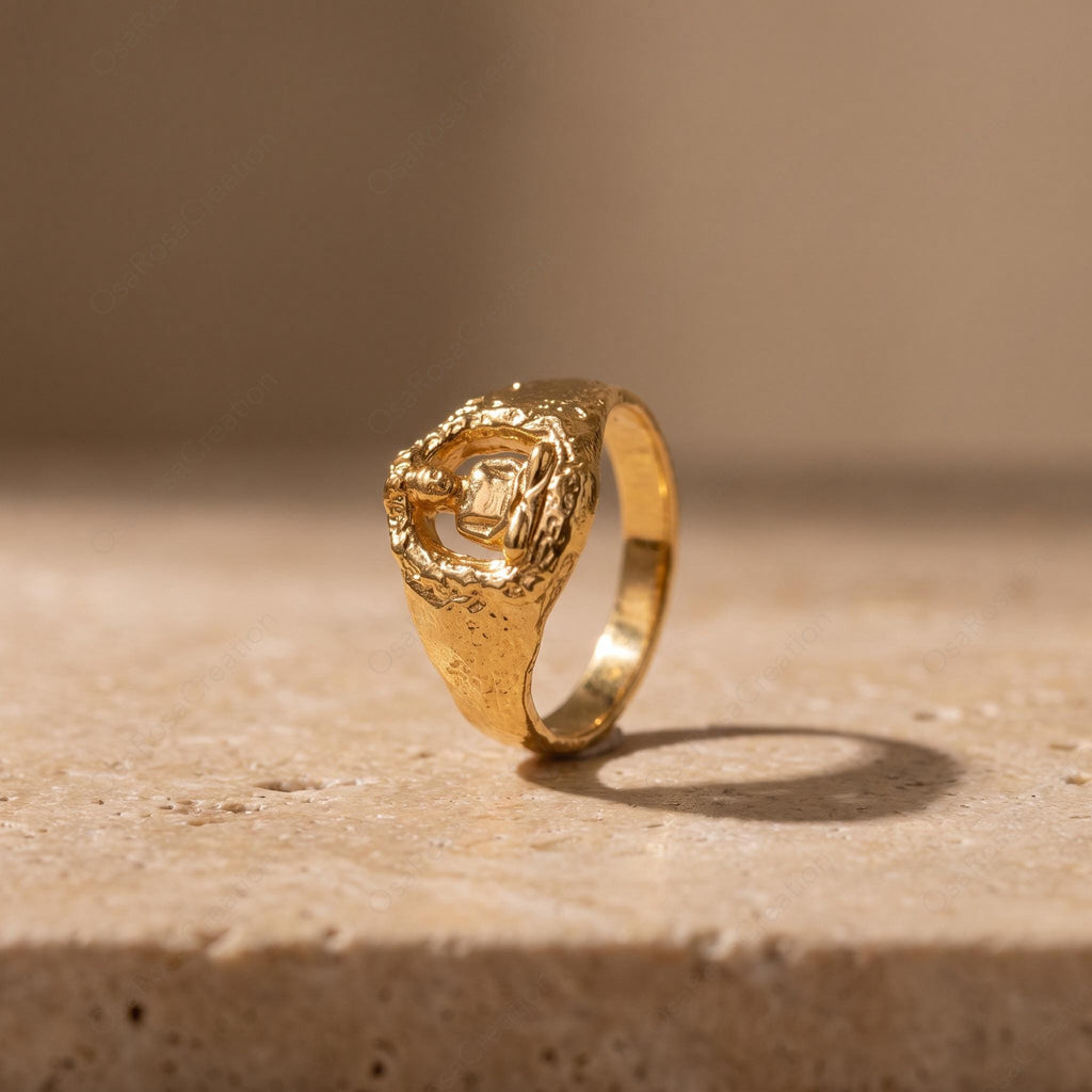 Gold Buddha Ring, Sculptural Zen Meditation Jewelry, Hollow Out Statement Ring