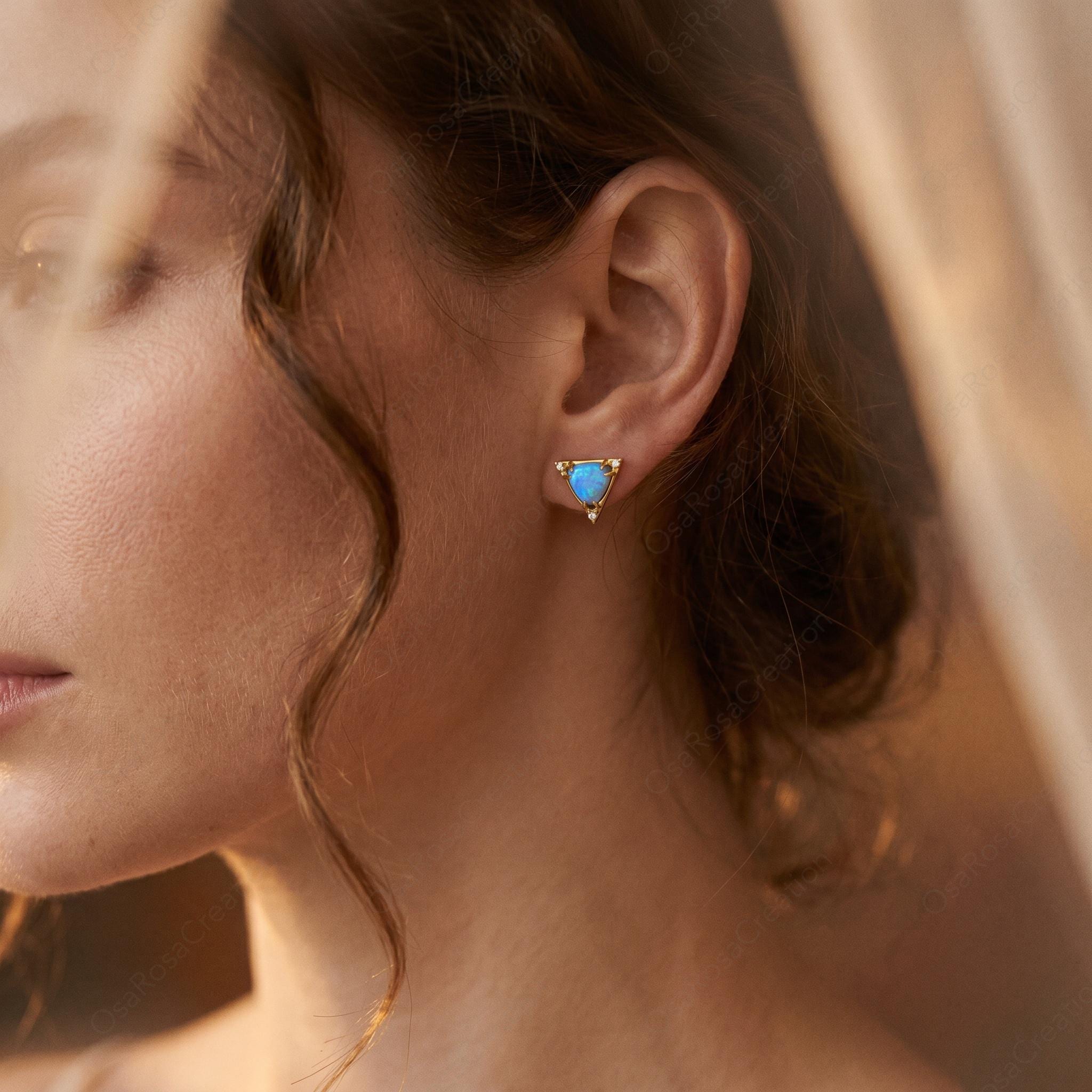 Blue Opal Triangle Stud Earrings, Gold Plated Geometric Dainty Jewelry