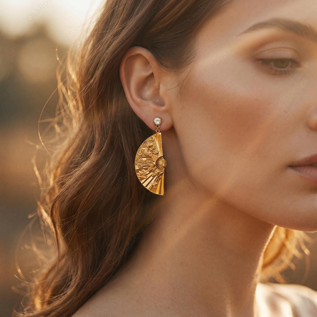 Gold Fan Earrings, Engraved Art Deco Statement Dangle Jewelry