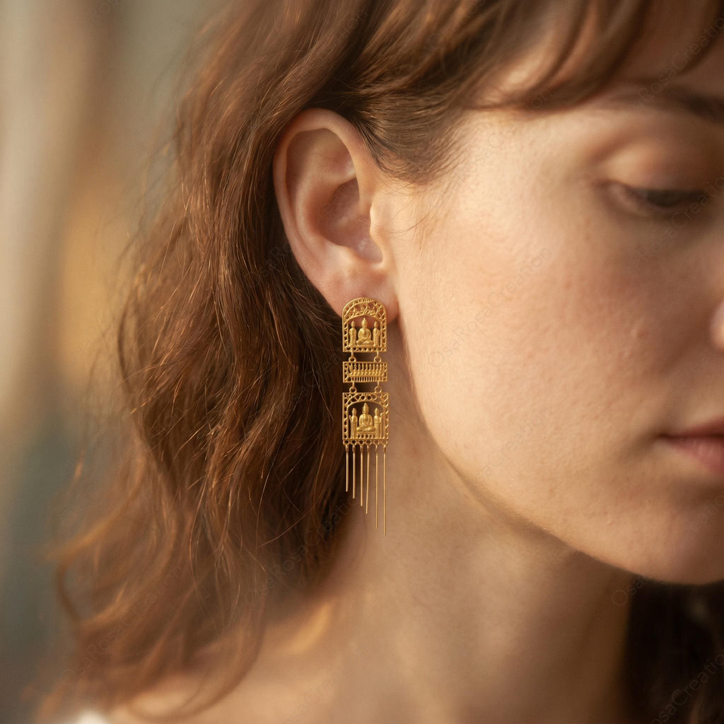 Gold Buddha Dangle Earrings • Zen Temple Jewelry, S925 Posts