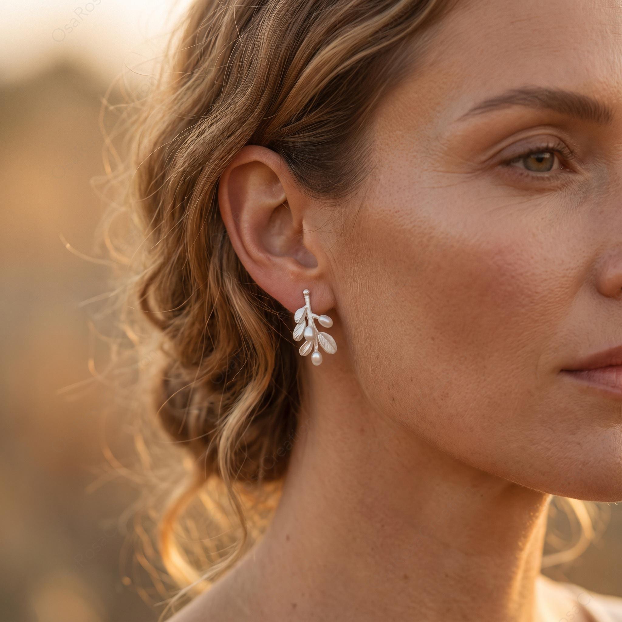 Silver Botanical Branch Earrings with Pearls