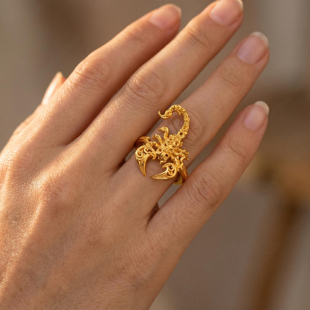 Gold Scorpion Ring, Baroque Engraved Animal Statement Jewelry, Adjustable Talisman Band