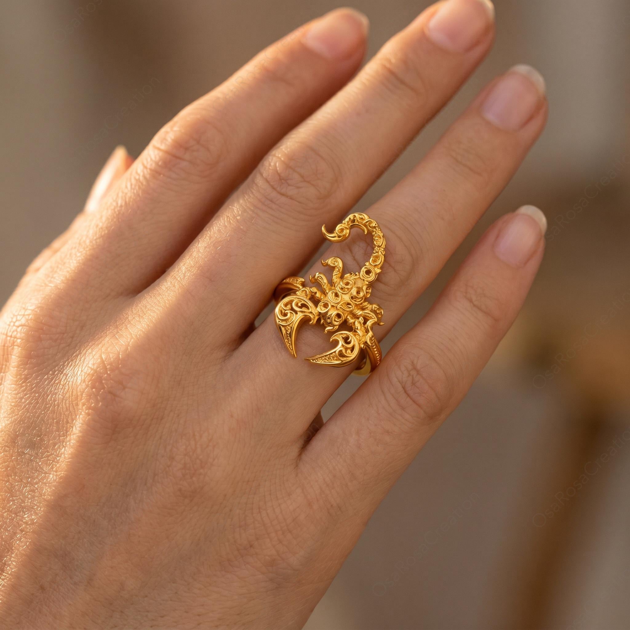 Gold Scorpion Ring, Baroque Engraved Animal Statement Jewelry, Adjustable Talisman Band