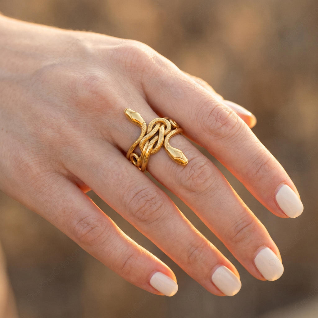 Sculptural Gold Snake Ring, Textured Serpent Animal Jewelry, Ancient Style Statement Ring