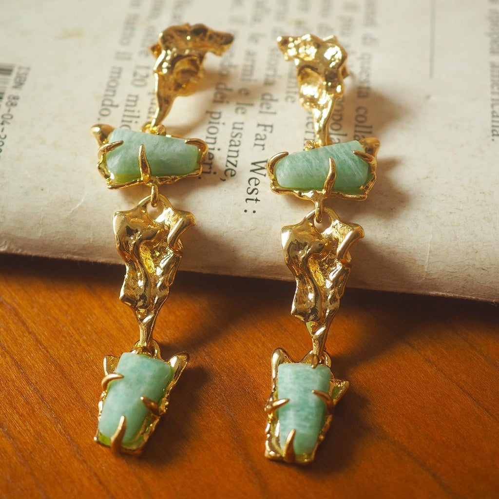 Gold Jade Dangle Earrings, Sculptural Baroque Style, Sterling Silver Post