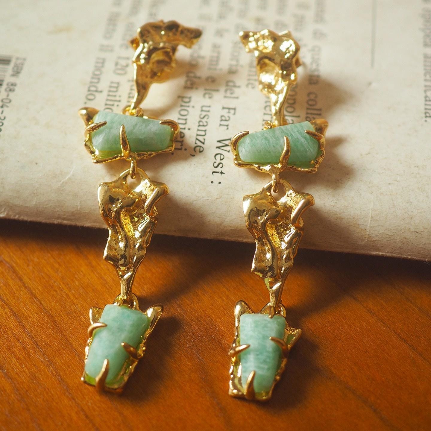 Gold Jade Dangle Earrings, Sculptural Baroque Style, Sterling Silver Post