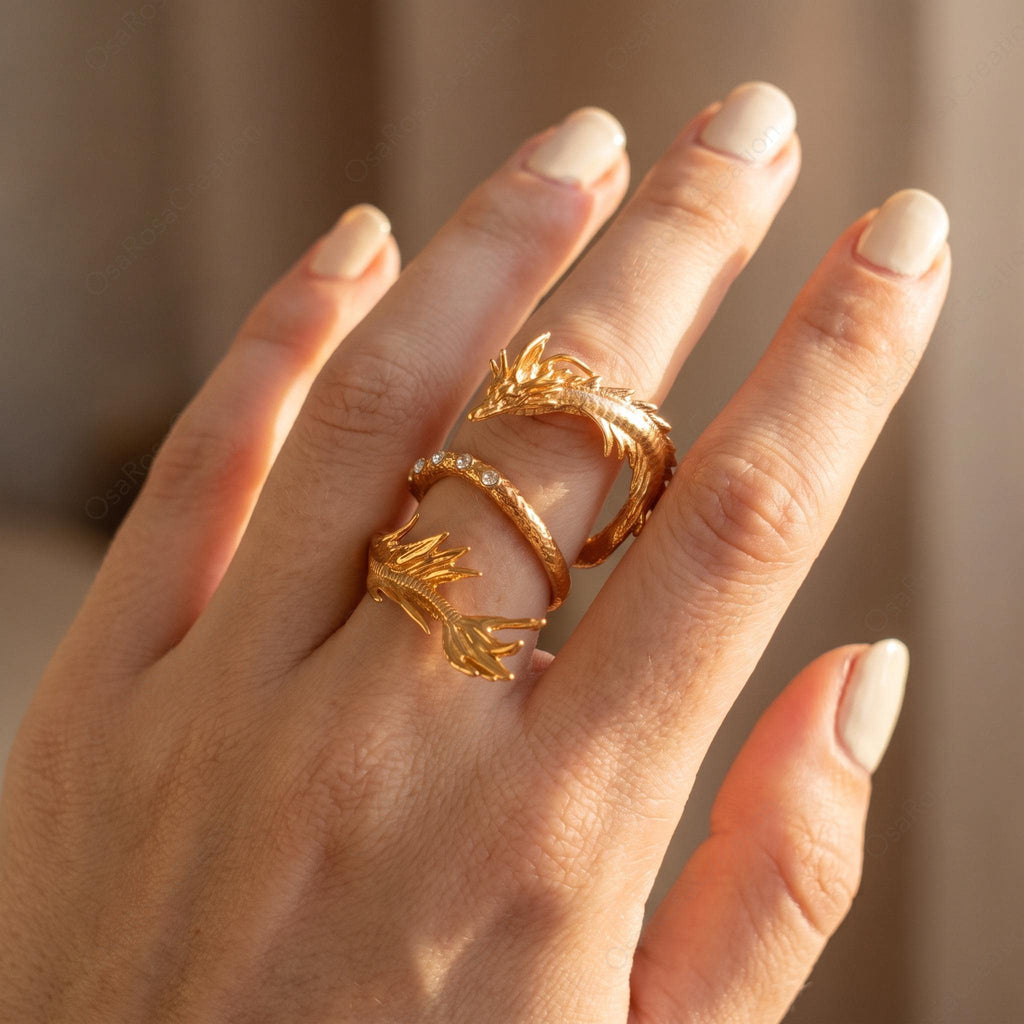 Gold Dragon Ring, Sculptural Wrap Ring, Elegant Mythical Jewelry, Artistic Animal Ring, Delicate Crystal Ring, Quiet Luxury Statement Piece