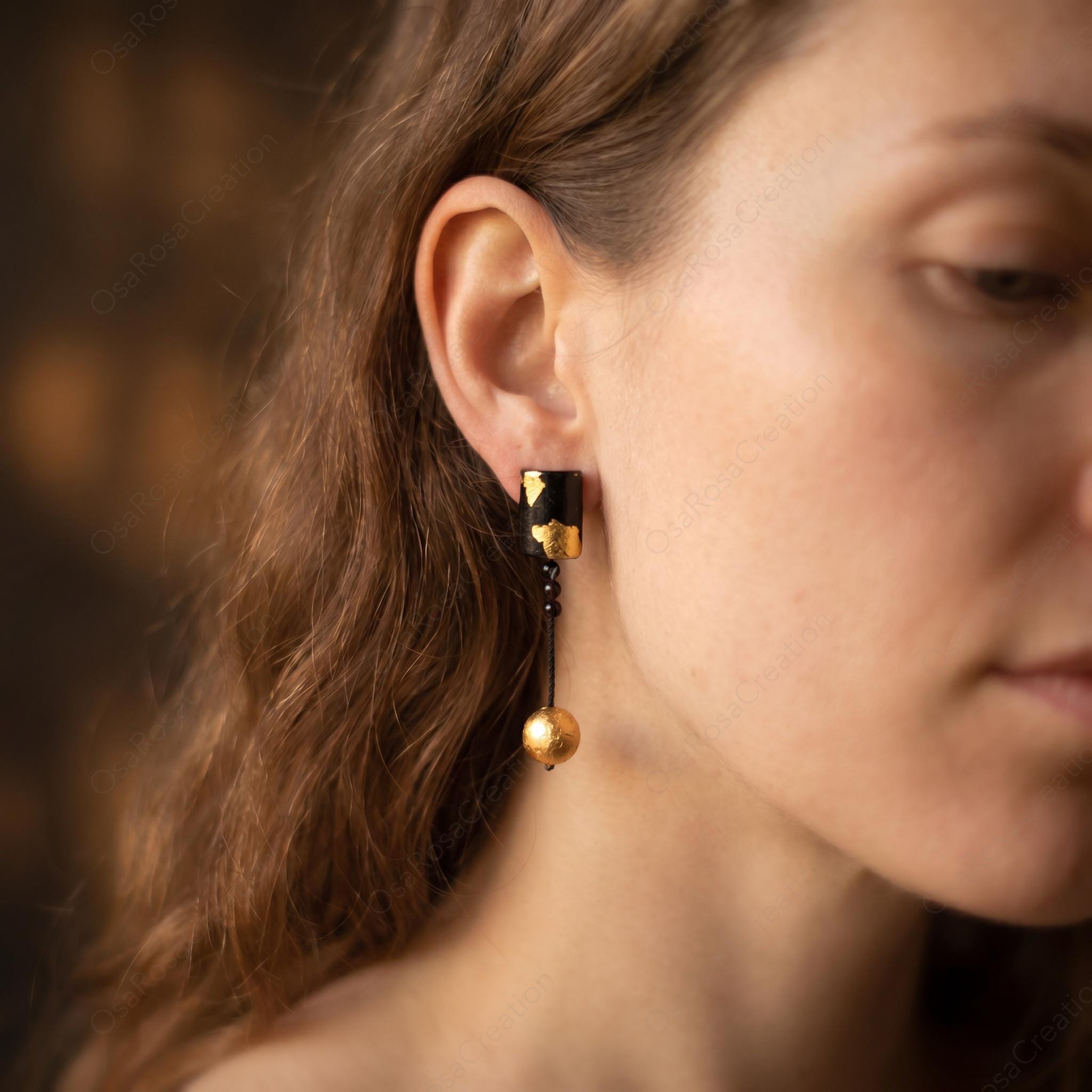 Black Gold Drop Earrings, Wabi Sabi Geometric Jewelry, Desert Inspired Statement Piece