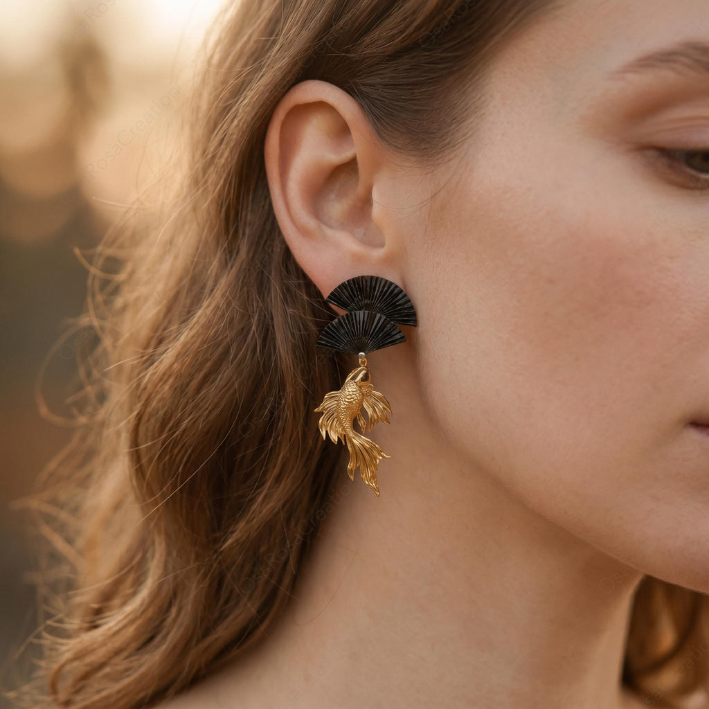 Sculptural Koi Fish Black Fan Earrings, Artistic Gold Oriental Jewelry