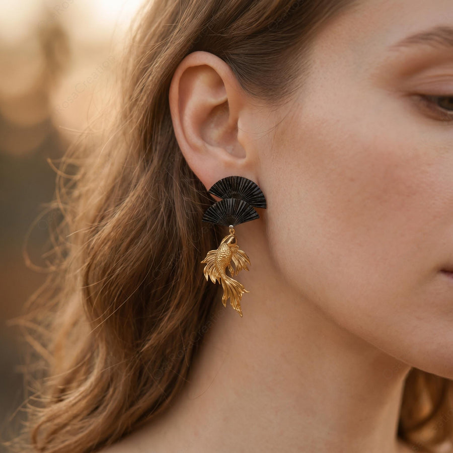 Black Fan Koi Earrings