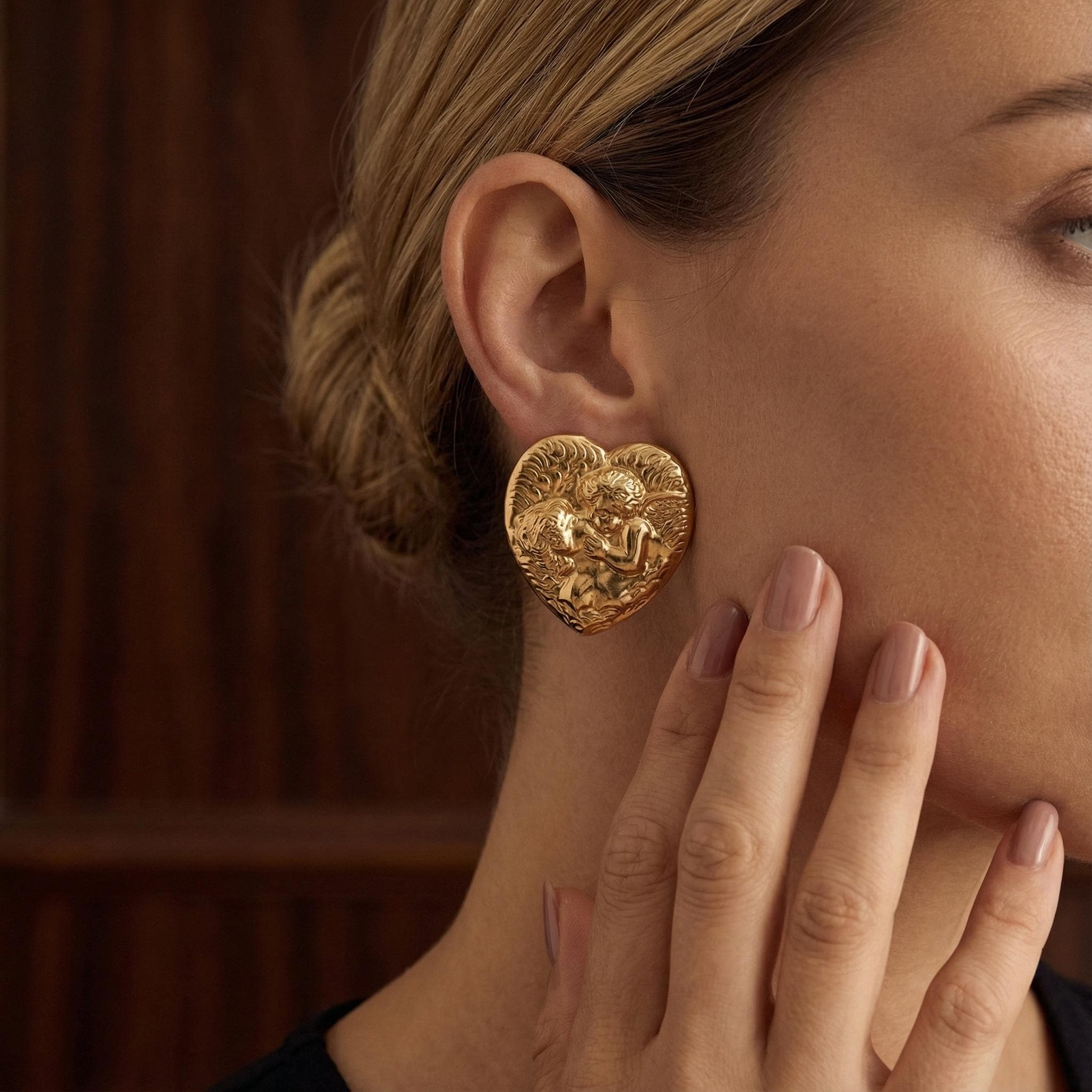 Gold Heart Cherub Earrings | Baroque Relief Studs, 925 Silver Posts