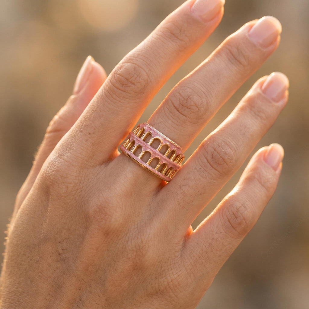 Roman Colosseum Ring, Pink Enamel Architectural Jewelry, Gold Plated Statement Ring