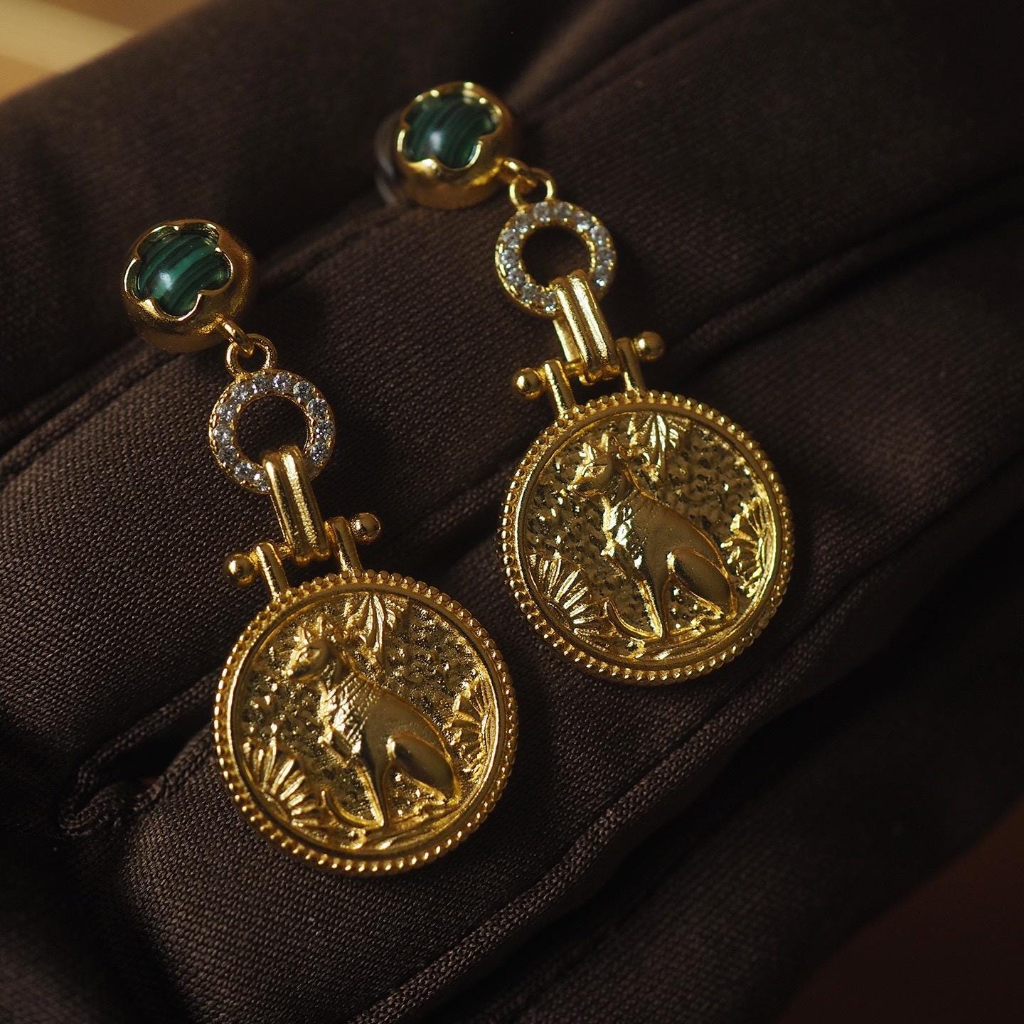 Gold Coin Malachite Earrings, Vintage Medallion, 925 Silver Post