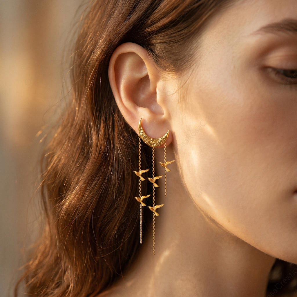 Crescent Moon Bird Dangle Earrings • 18k Gold Plated, Sterling Silver Posts