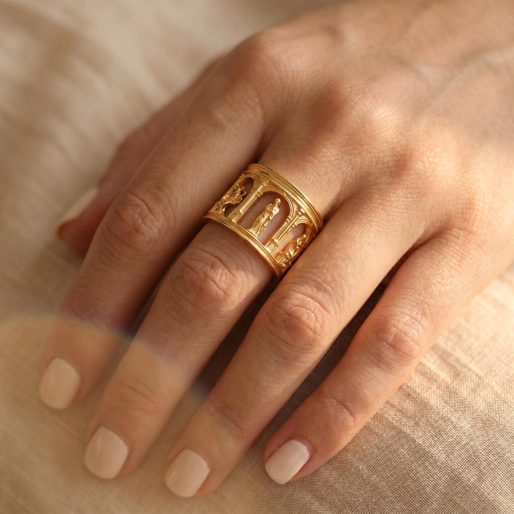 Architectural Gold Ring, Ancient Temple Ring, Classical Column Ring, Sculptural Wide Band Ring, Artistic Statement Ring, Museum Jewelry