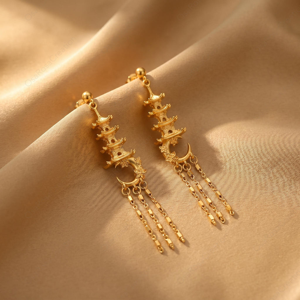 Moon Pagoda Earrings, Gold Temple Dangle Earrings, Crescent Tower Drop Earrings, Oriental Myth Jewelry